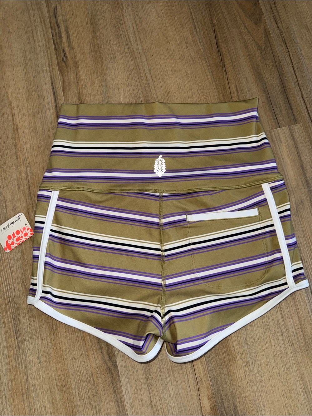 Free People Striped High-Waist Athletic Shorts - Olive, Purple & White